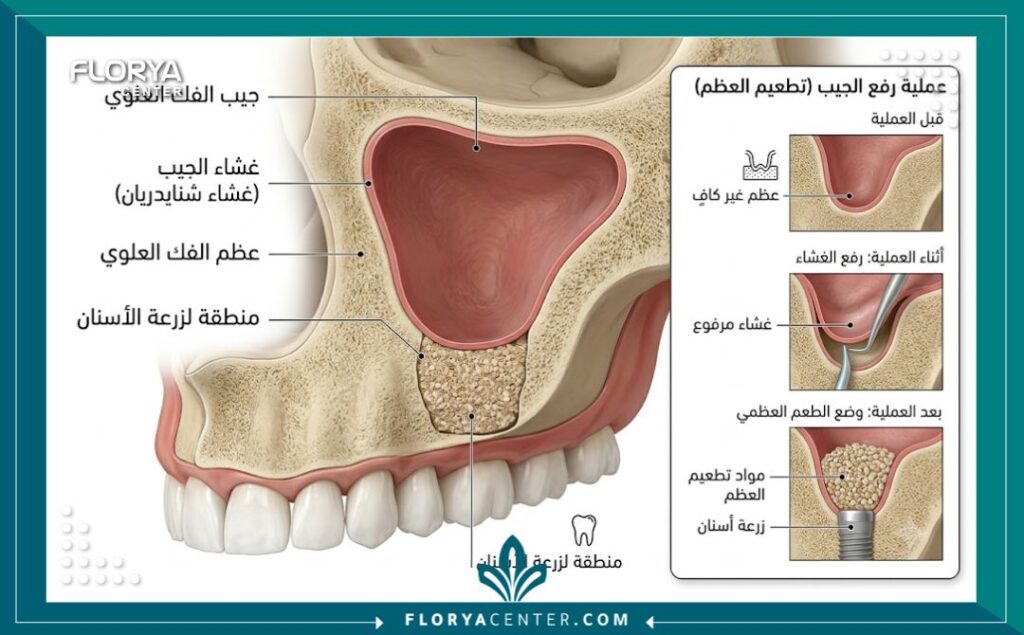 رسم توضيحي طبي لعملية رفع الجيوب الأنفية وزراعة عظم الفك العلوي لتأسيس قاعدة صلبة للزرعات.