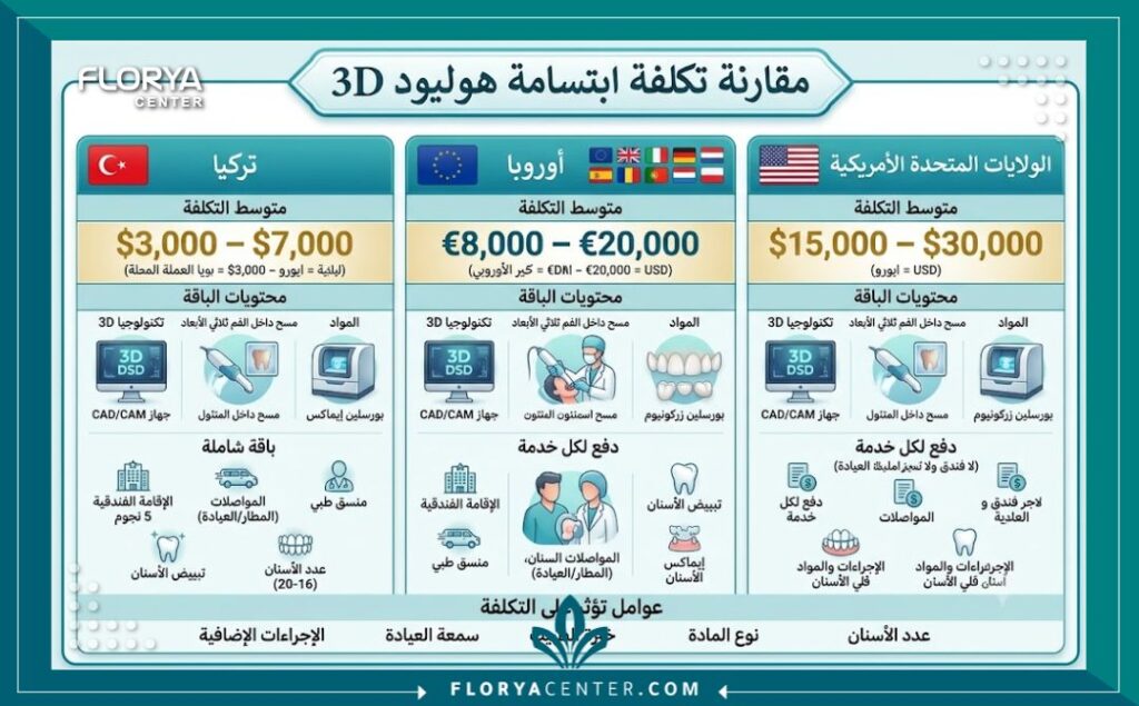 إنفوجرافيك يوضح مقارنة متوسط سعر ابتسامة هوليود 3D في تركيا مقابل الدول الأوروبية.