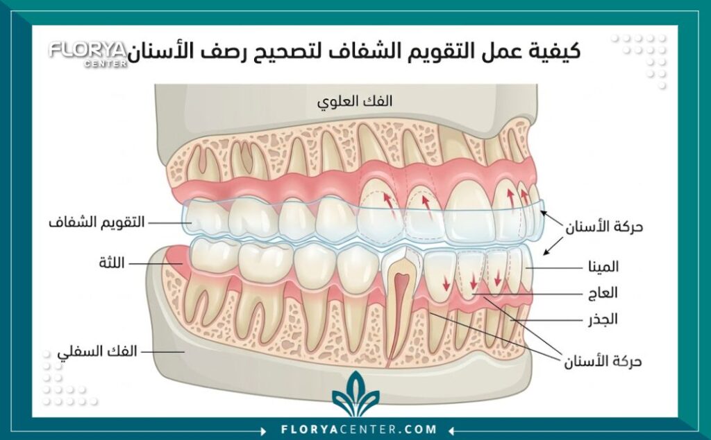 سعر التقويم الشفاف في تركيا 2 رسم توضيحي يبين طريقة عمل التقويم الشفاف وتطبيقه على الأسنان