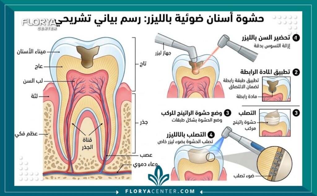 رسم تخطيطي طبي يوضح مكونات حشوة الليزر للسن وطبقات المينا والعاج.
