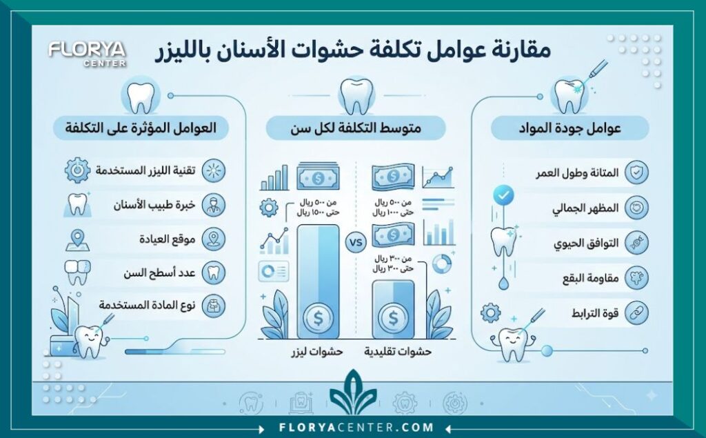  إنفوجرافيك توضيحي لمتوسط سعر حشوة الليزر التجميلية للسن الواحد ومقارنة التكاليف في تركيا.