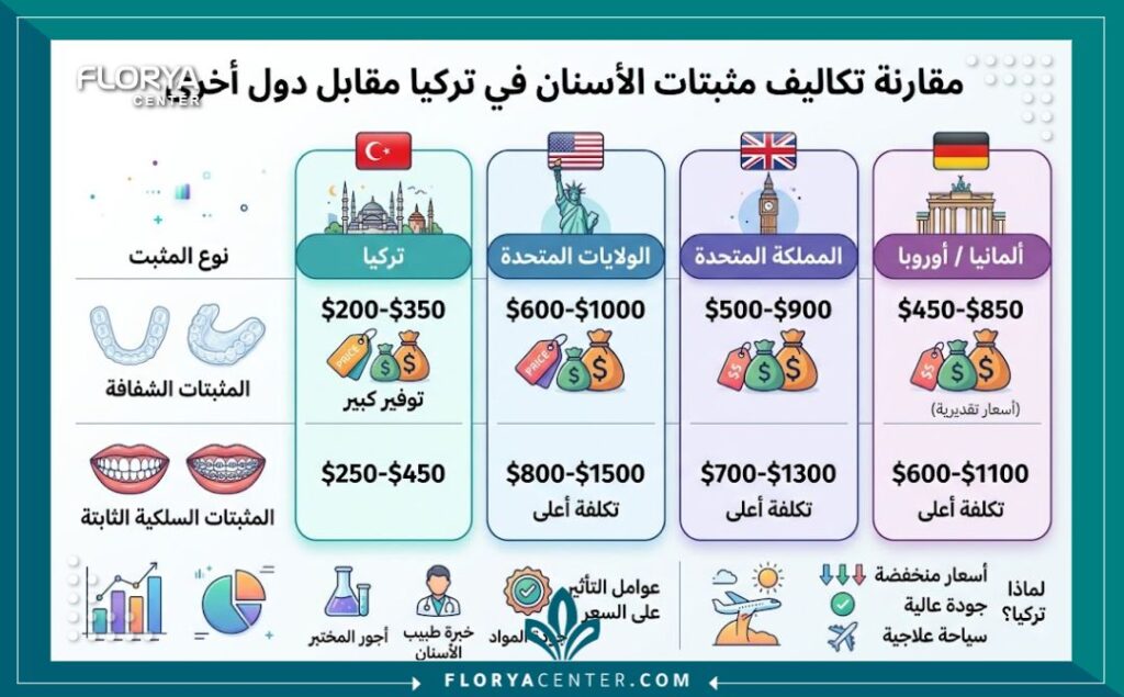 إنفوجرافيك يوضح جدول مقارنة سعر ريتينر الاسنان في تركيا وأنواع مثبت الأسنان الشفاف والمعدني.