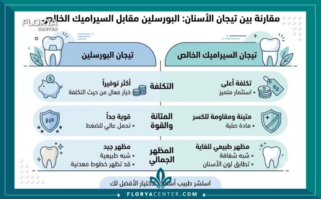 سعر طربوش الاسنان البورسلين 3 إنفوجرافيك يوضح سعر طربوش الاسنان البورسلين ومميزاته الاقتصادية مقارنة بالأنواع الأخرى.
