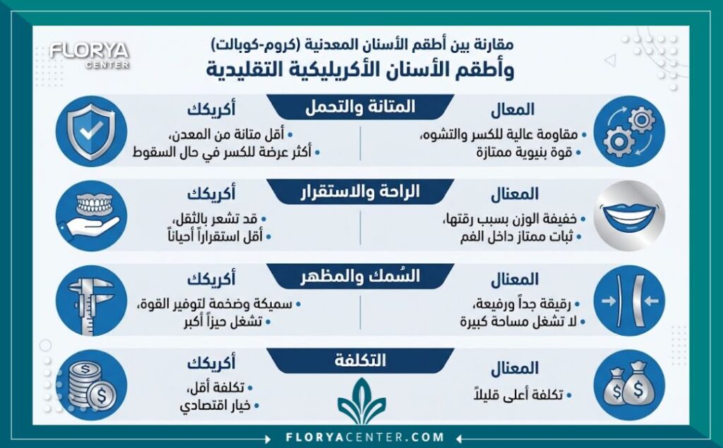 سعر طقم الاسنان المعدني 3 إنفوجرافيك يقارن بين مميزات وسعر طقم الأسنان المعدني وطقم الأكريليك من حيث المتانة، السماكة، والتكلفة.