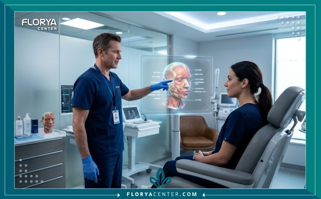 طبيب جراحة تجميل متخصص داخل عيادة حديثة يقوم بتحليل طبقات الوجه استعداداً لعملية تقوية الأساس وشد الأنسجة الضامة.