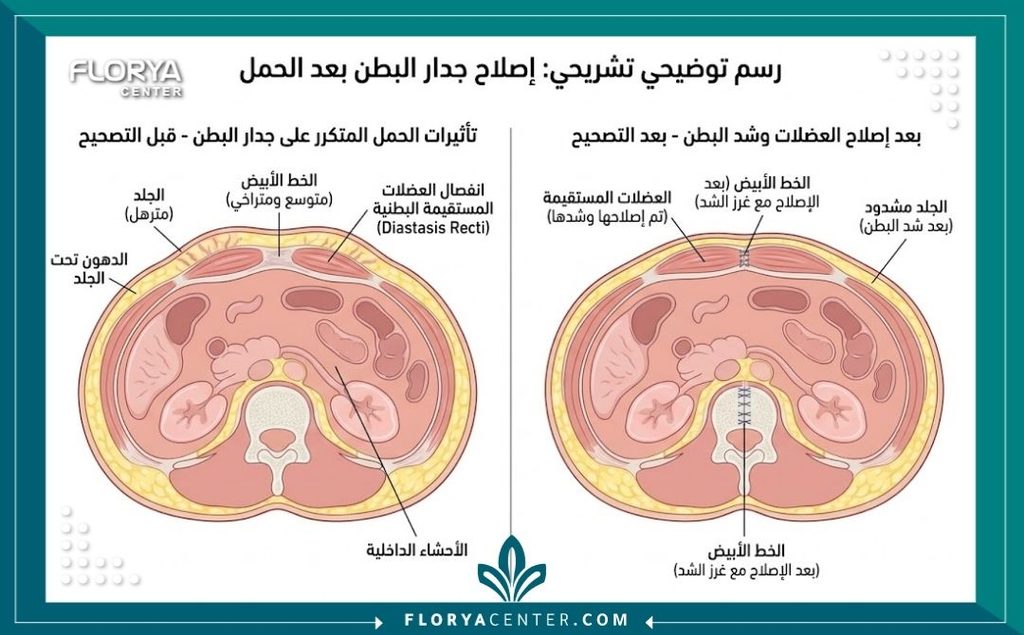 رسم توضيحي طبي يوضح حالة انفصال عضلات البطن وترهل الجلد بعد الحمل المتكرر وكيفية إصلاحها جراحياً.