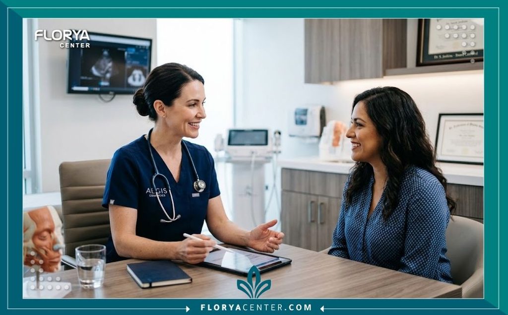 طبيبة جراحة تجميل محترفة تناقش خطة شد ترهلات البطن وعلاج ضعف العضلات مع مريضة داخل مستشفى حديث.