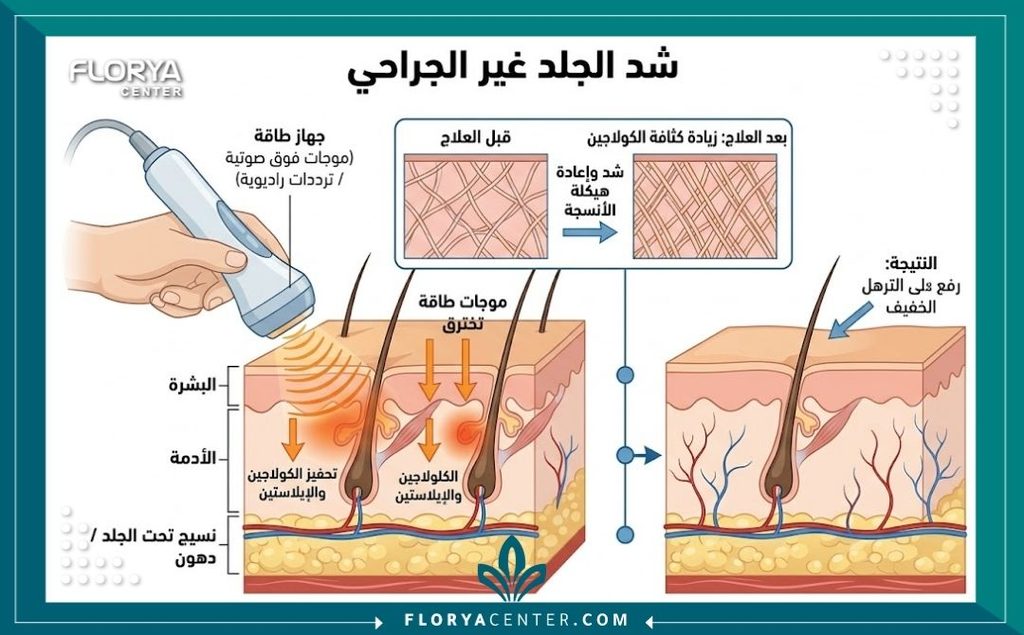 رسم طبي يوضح كيف تعمل أجهزة العيادات على تحفيز الكولاجين لشد الترهلات الخفيفة بدون جراحة.