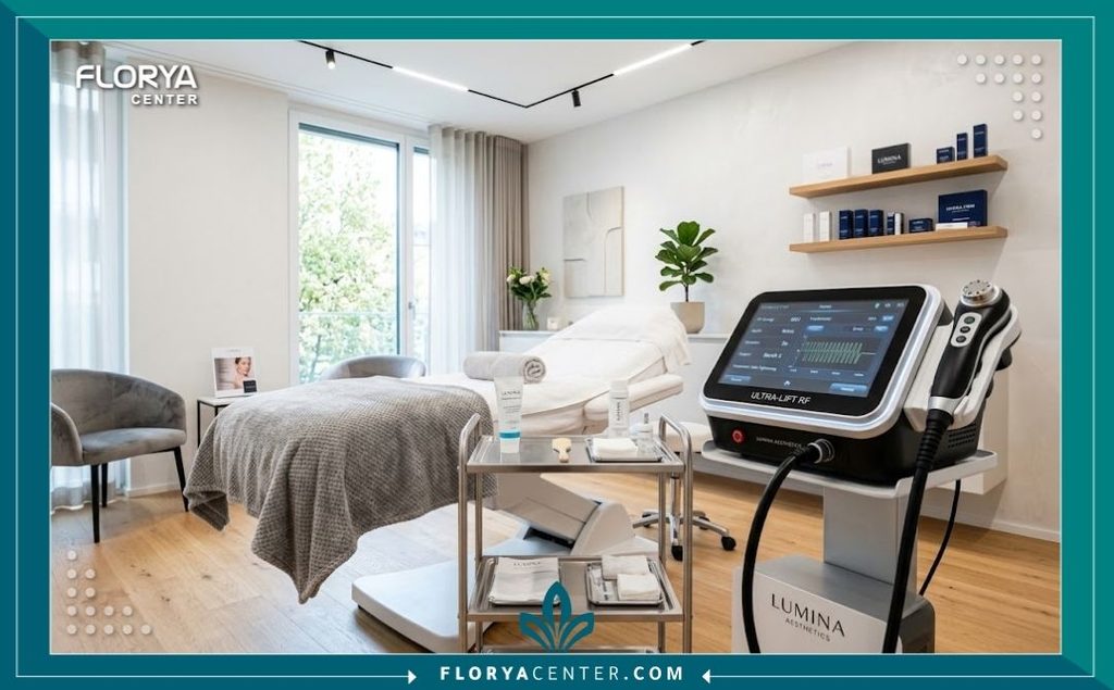 أحدث أجهزة شد الجلد غير الجراحية داخل غرفة معقمة في عيادة تجميل متطورة.
