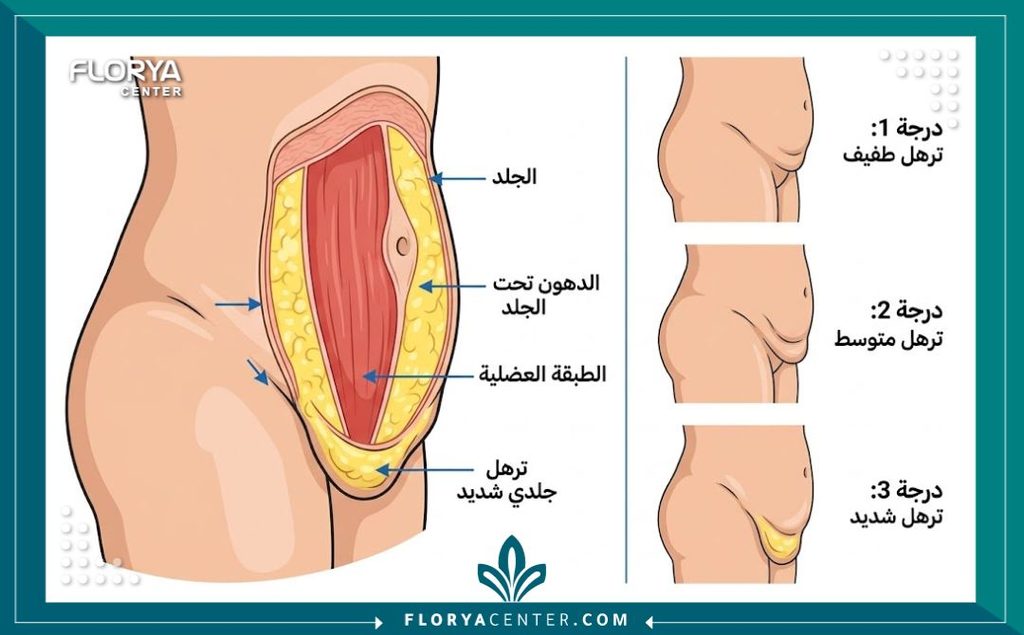 رسم توضيحي طبي يشرح درجات ترهل الجلد تشريحياً مع التركيز على شكل شد الترهلات الدرجة الثالثة في البطن والجسم.