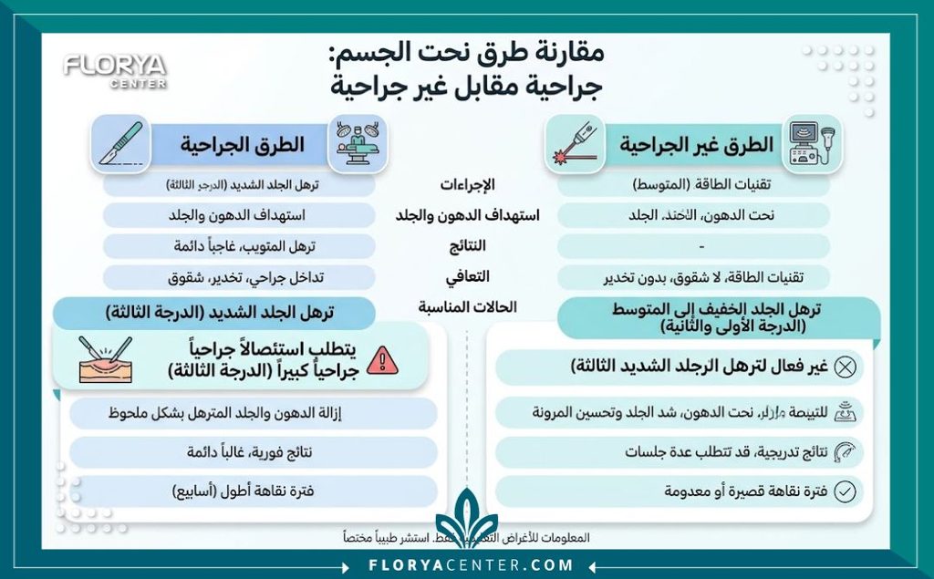 إنفوجرافيك طبي يقارن بين الحلول التجميلية مبرزاً أهمية التدخل الجراحي كحل نهائي في علاج شد الترهلات الدرجة الثالثة.