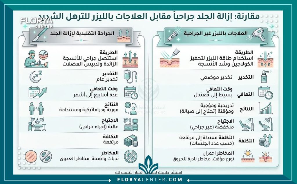 شد الترهلات الشديدة بعد فقدان الوزن 3 إنفوجرافيك يقارن بين فعالية الجراحة الكلاسيكية وأجهزة الليزر في علاج الترهلات الشديدة بعد فقدان الوزن الكبير.