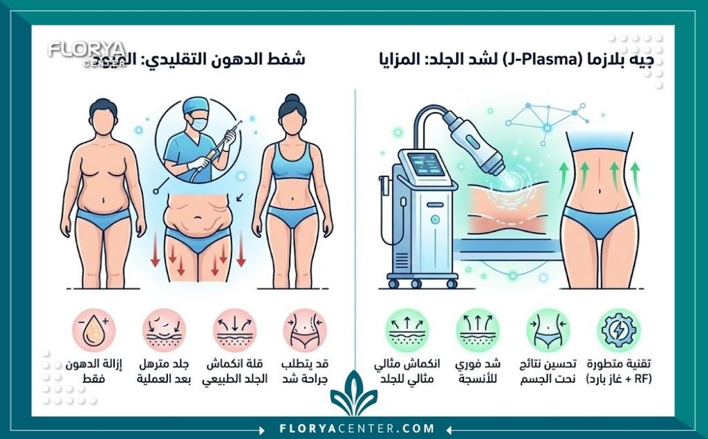 إنفوجرافيك يقارن بين نتائج شفط الدهون التقليدي وعمليات تصحيح الشفط وشد الجلد المترهل بدون جراحة.