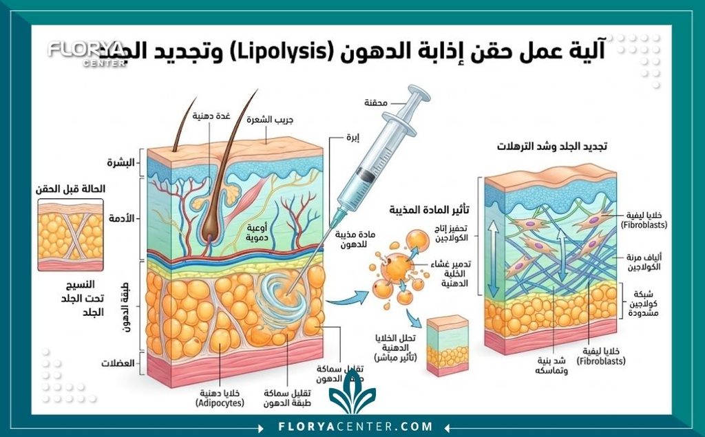 رسم توضيحي طبي لطبقات الجلد يوضح آلية عمل إبر تذويب الدهون وشد الترهلات الموضعية.