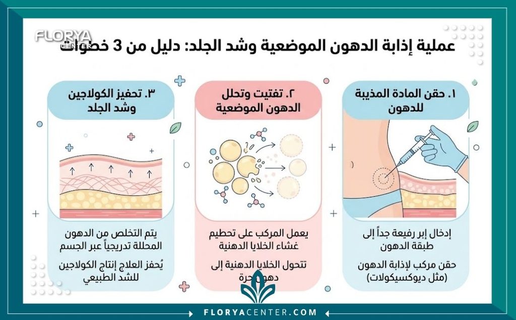 إنفوجرافيك يوضح خطوات شد الترهلات الموضعية بالحقن وتذويب الدهون بأمان وفعالية.