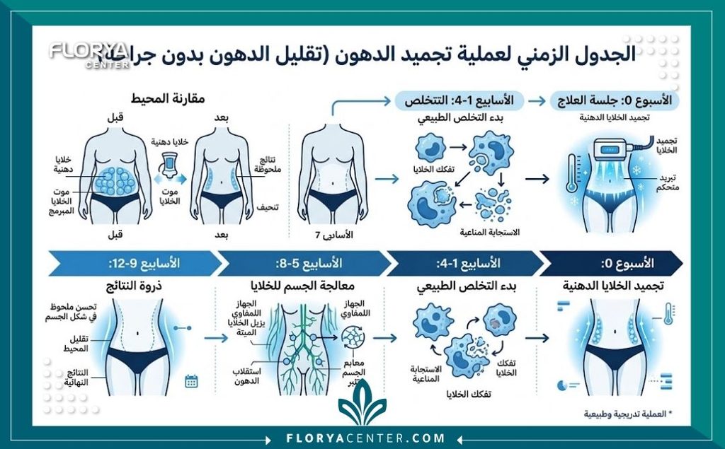 إنفوجرافيك يوضح الجدول الزمني لنتائج النحت بالتبريد ومراحل تكسير الدهون طبيعياً من الجسم عبر الأسابيع.