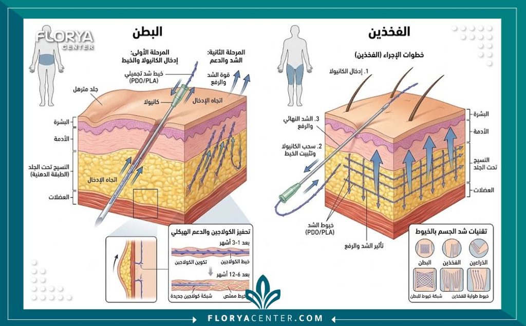 رسم توضيحي طبي ثلاثي الأبعاد يشرح طبقات الجلد وكيفية عمل الخيوط التجميلية لشد ترهلات الجسم.