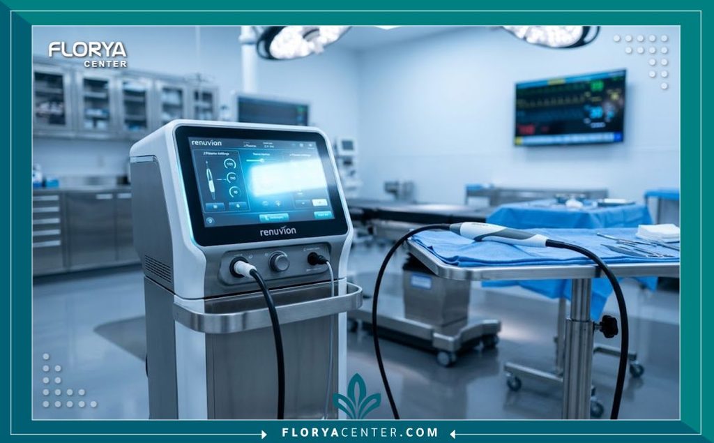 غرفة عمليات حديثة مجهزة بجهاز رينوفيون (الجي بلازما) لشد الترهلات بدون جراحة في عيادة تجميل متطورة.