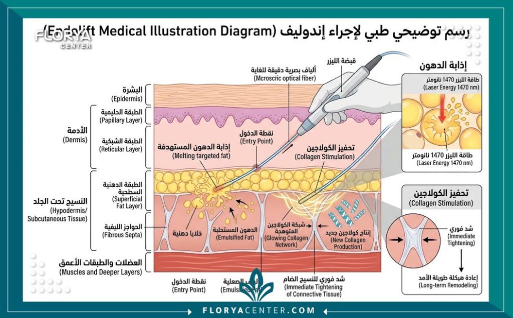 رسم توضيحي طبي يوضح طبقات الجلد وآلية عمل ألياف الليزر في جهاز الإندوليف لتحفيز الكولاجين وإذابة الدهون بدون جراحة.
