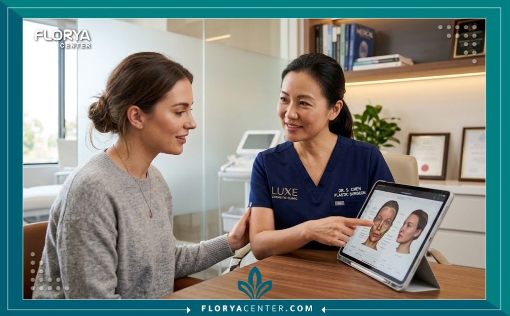 استشارة طبية مع جراح تجميل متخصص لمناقشة تفاصيل عملية شد النصف العلوي من الجسم في عيادة مجهزة.