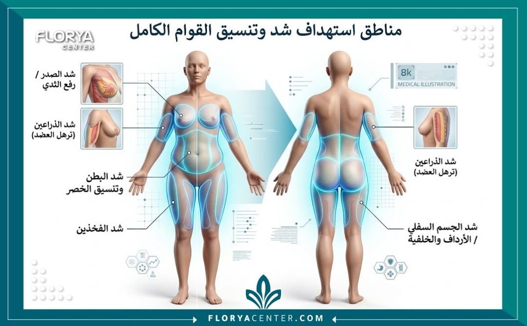 رسم توضيحي طبي يوضح المناطق المستهدفة في عملية شد الجسم الكامل، وتشمل شد البطن والذراعين والفخذين والصدر.