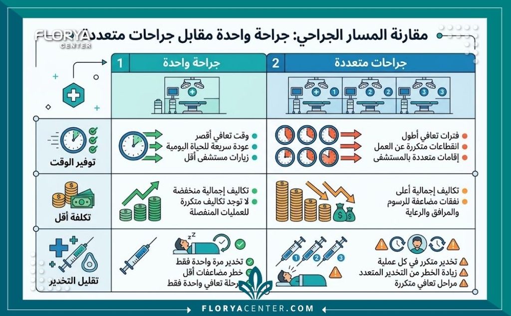 إنفوجرافيك يقارن بين تكلفة ووقت شد الجسم بالكامل في عملية واحدة مقابل العمليات المتعددة وتقليل التعرض للتخدير.