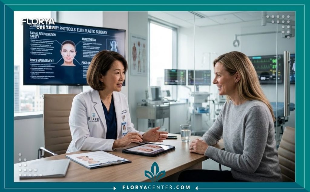 استشارة طبية مع جراح تجميل خبير قبل إجراء جراحة شد الترهلات لكامل الجسم لمناقشة معايير الأمان والسلامة.