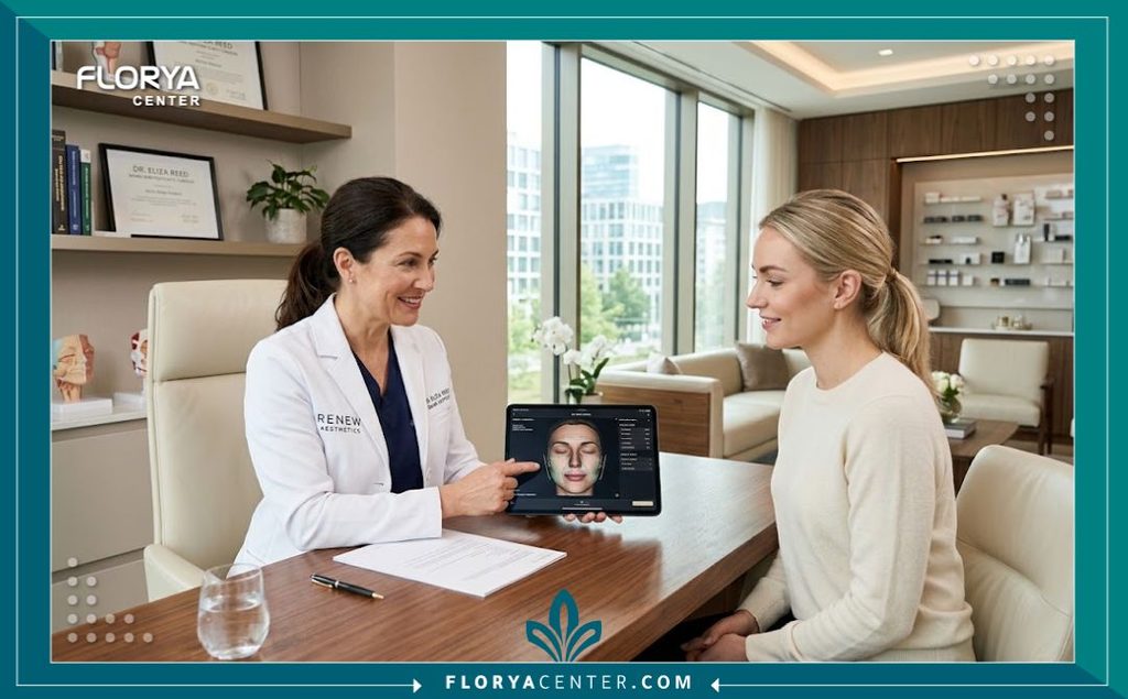 طبيب جراحة تجميل خبير داخل عيادة حديثة يراجع خطة إجراء عملية شد الجسم بعد التكميم للمريض.