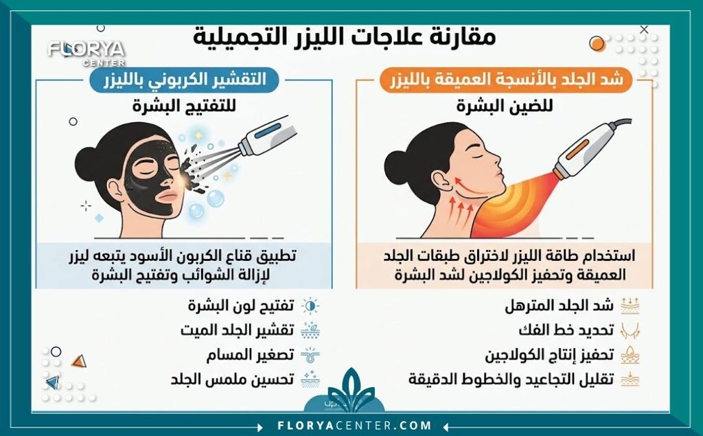 إنفوجرافيك يقارن بين استخدام الليزر الكربوني لتفتيح البشرة وأنواع الليزر العميق المخصصة لشد الجلد المترهل.