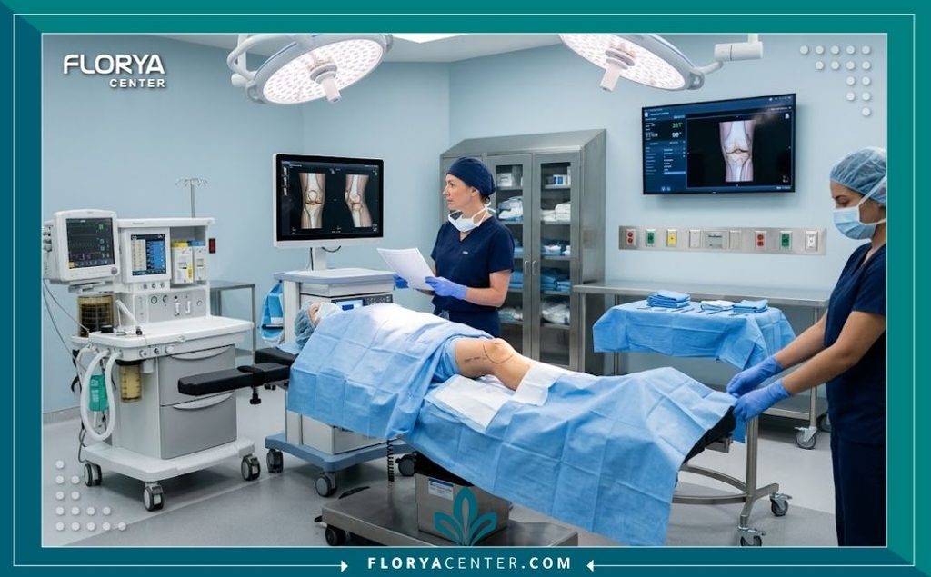 غرفة عمليات حديثة ومجهزة بأحدث التقنيات في مستشفى تجميل فاخر لإجراء عملية شد ترهلات الركبة بأمان تام.