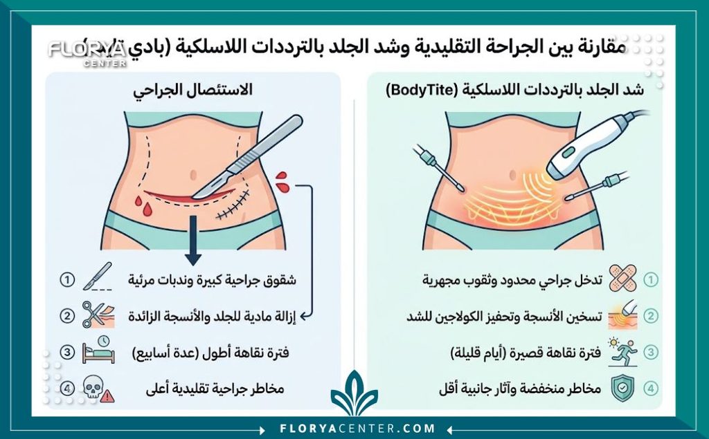 إنفوجرافيك يقارن بين الجراحة التقليدية لشد الترهلات وتقنية البودي تايت كبديل آمن بدون قص أو ندبات.