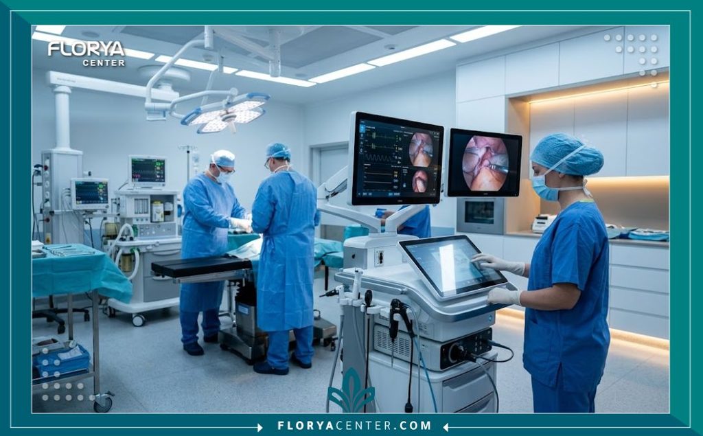 غرفة عمليات حديثة ومعقمة داخل مستشفى تجميل مجهزة بأحدث تقنيات البودي تايت لشد الترهلات.