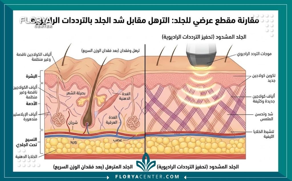 شد الجلد بعد الإبر التنحيفية (مثل المنجارو) 2 رسم توضيحي لطبقات الجلد يوضح الفرق بين الترهل بعد فقدان الوزن السريع وتحفيز الكولاجين لشد الجلد.