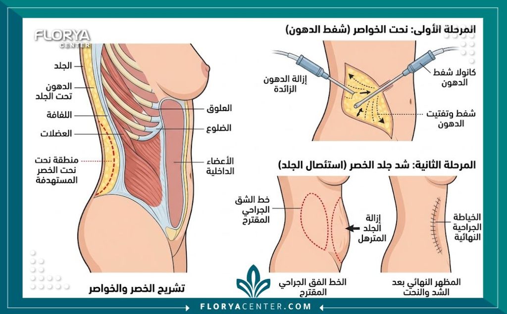 شد الجوانب والخصر جراحياً 2 رسم توضيحي طبي يشرح خطوات إجراء عملية شد الجوانب والخصر جراحياً للتخلص من الدهون والجلد المترهل.