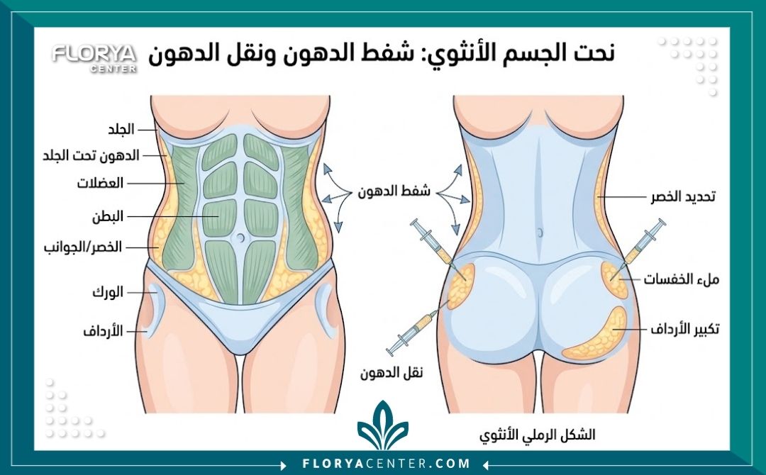 شد الخصر للحصول على قوام الساعة الرملية 2 رسم توضيحي طبي لخطوات عملية شفط دهون الخصر وحقنها في الخفسات والمؤخرة.
