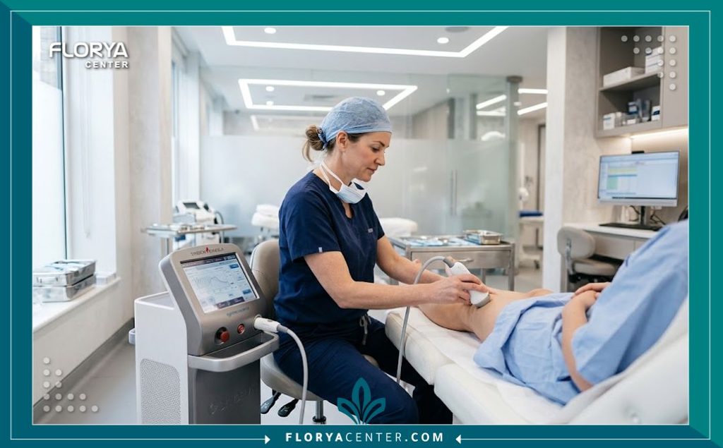 شد الركبتين المترهلة 4 طبيب تجميل متخصص داخل عيادة حديثة يجهز أجهزة الليزر لعملية شد ترهلات الركبة.