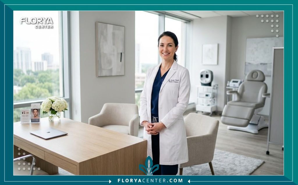 شد الظهر المترهل 4 طبيبة جراحة تجميل داخل عيادة طبية حديثة ومجهزة، تقدم استشارة متخصصة حول خيارات التخلص من ترهلات الظهر ونحت القوام.