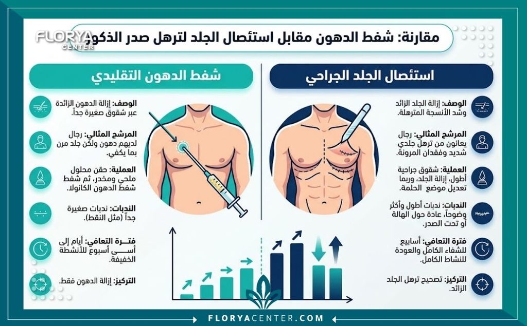 شد ترهلات الصدر للرجال (تثدي مع ترهل) 3 إنفوجرافيك يوضح الفرق بين شفط الدهون والاستئصال الجراحي للغدة والجلد الزائد في عمليات تجميل الصدر للرجال.