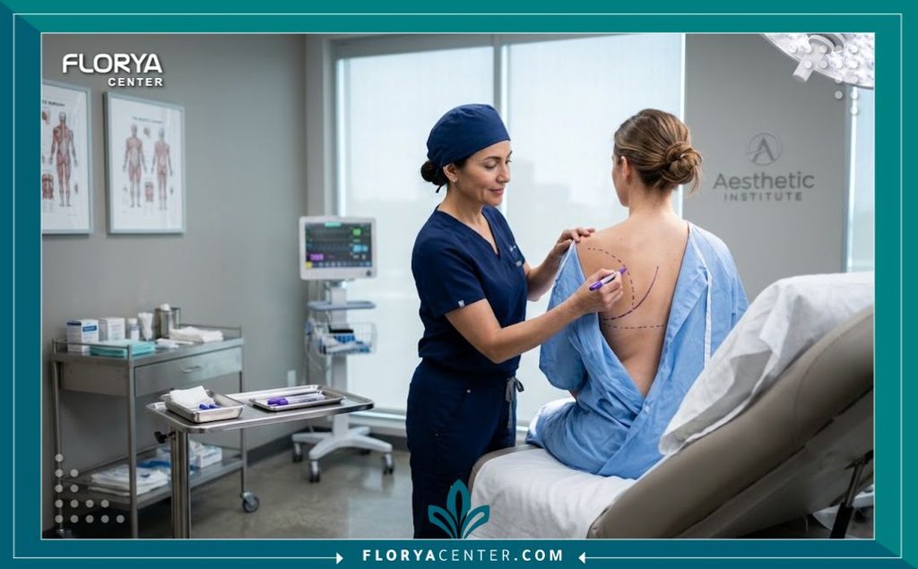 جراح تجميل خبير يقوم بالتخطيط الدقيق لعملية شد خط حمالة الصدر في عيادة تجميل حديثة لضمان إخفاء الندبة.