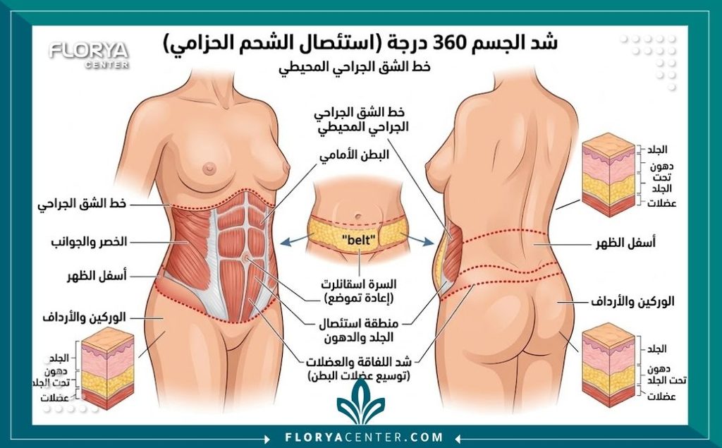 شد محيط الخصر والظهر 2 رسم طبي توضيحي يشرح تشريح وخطوات عملية شد محيط الخصر والظهر بالكامل 360 درجة.