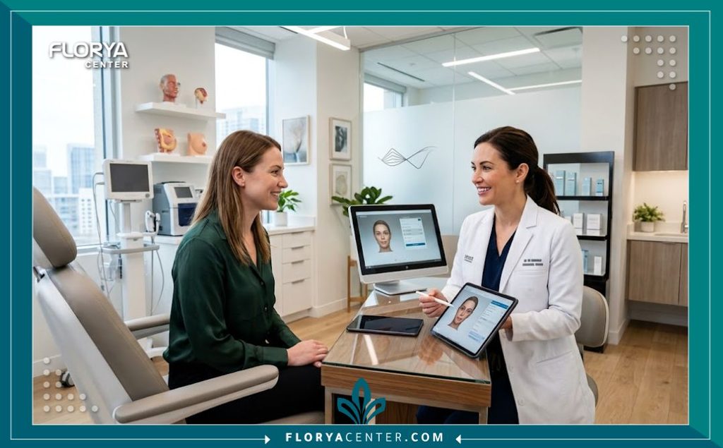 طبيبة جراحة تجميل تناقش خيارات وتفاصيل عملية تجميل السرة مع مريضة داخل عيادة طبية حديثة ومجهزة.