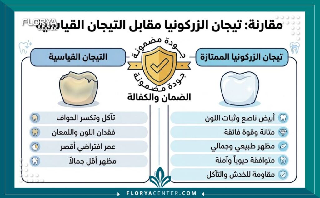 إنفوجرافيك يوضح ثبات لون تركيبات الزيركون ومقاومتها للكسر مقارنة بالتركيبات العادية مع تغطية ضمان تركيبات الزيركون في تركيا.