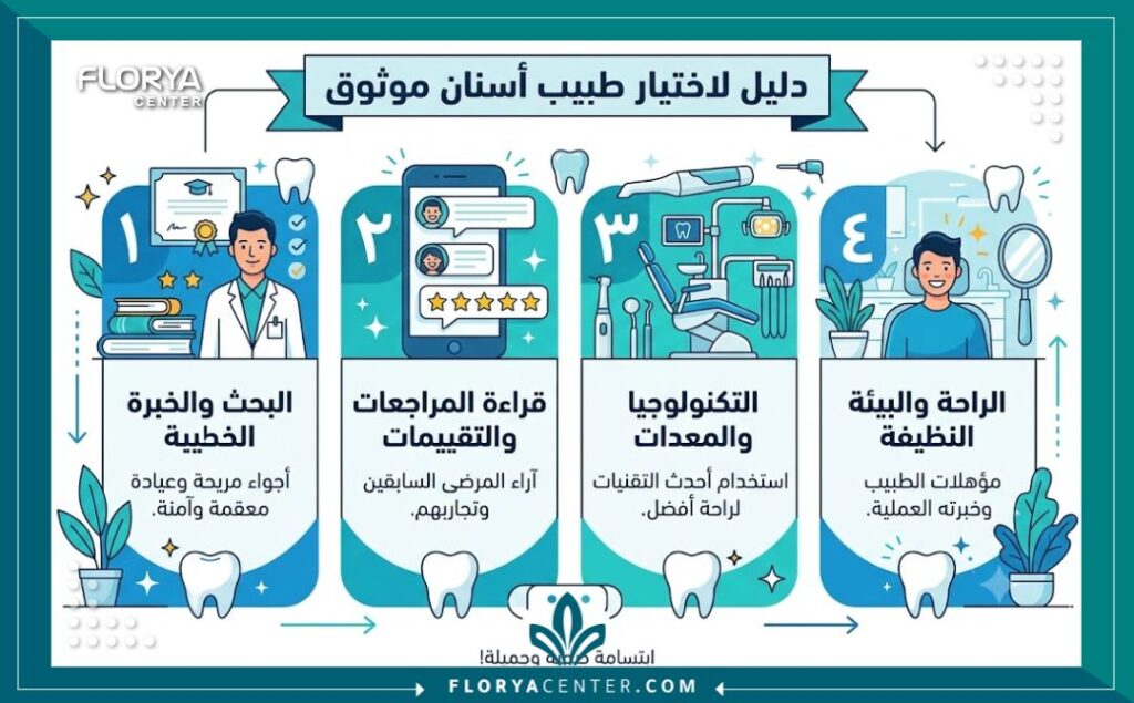 إنفوجرافيك يوضح خطوات ومعايير اختيار طبيب اسنان شاطر في تركيا ومجرب في تركيا بناءً على تقييمات المرضى.