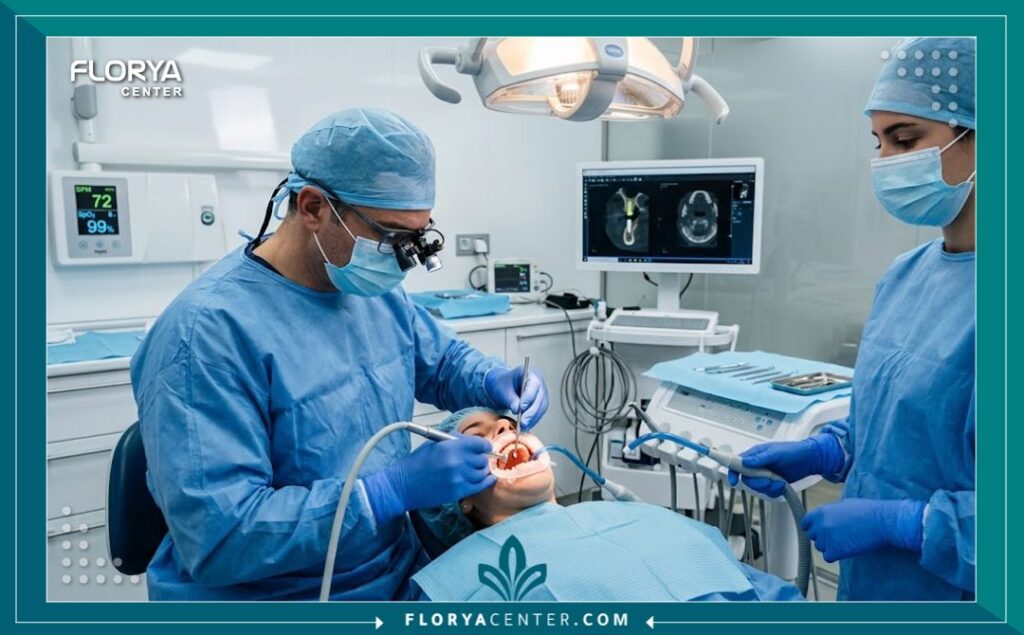 غرفة عمليات جراحية معقمة أثناء إجراء عملية زراعة أسنان دقيقة بواسطة جراح متخصص.