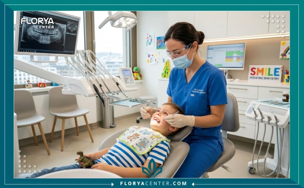 طبيبة أسنان أطفال متخصصة تقوم بفحص وعلاج تراكب الأسنان اللبنية والدائمة في عيادة مجهزة بالكامل.