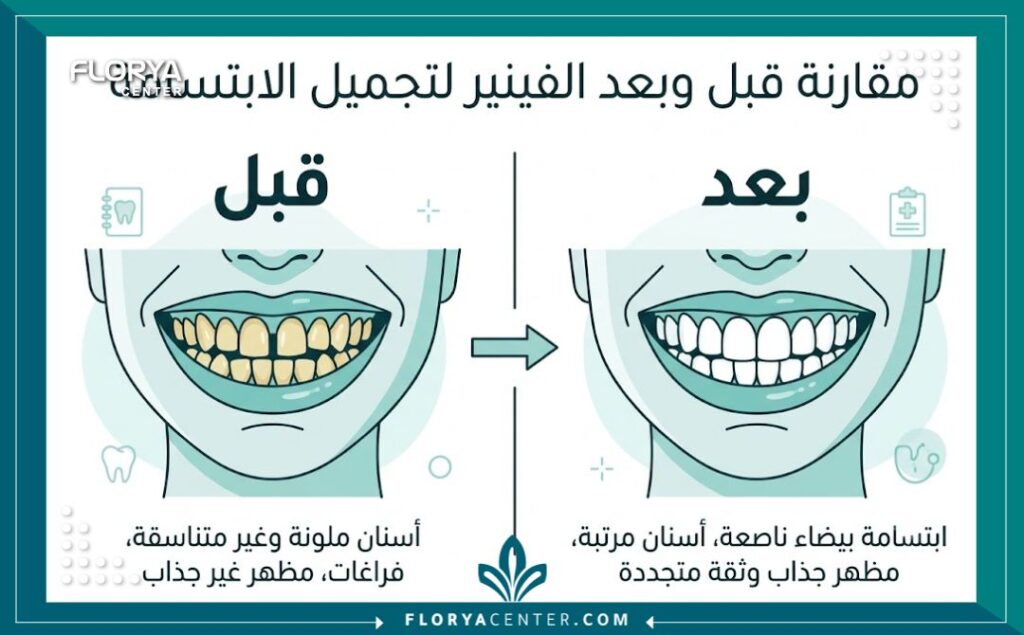 إنفوجرافيك يقارن بين شكل الأسنان قبل وبعد تجميل الابتسامة باستخدام عدسات الفينير في تركيا.