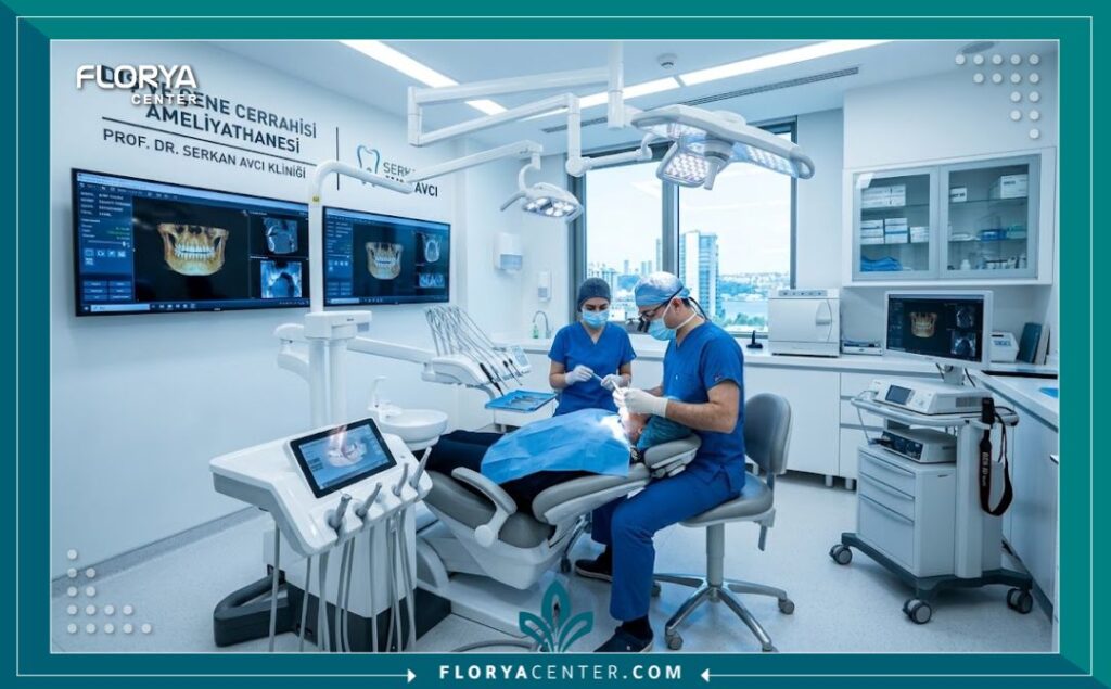 غرفة عمليات حديثة ومجهزة بأحدث التقنيات في مركز طب أسنان متقدم، توضح مستوى الرعاية الفائقة في مستشفيات تركيا.