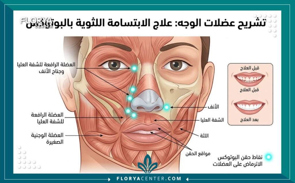 رسم توضيحي طبي يظهر تشريح عضلات الشفة العلوية ونقاط حقن البوتوكس لإرخاء العضلة وعلاج الابتسامة اللثوية.