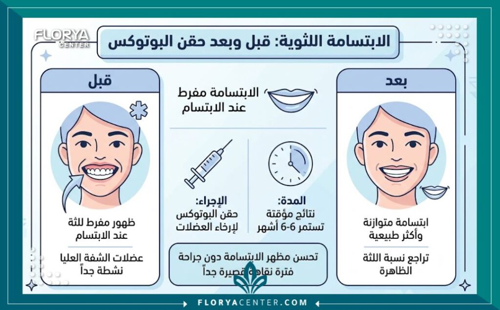 إنفوجرافيك يوضح الفرق قبل وبعد علاج الابتسامة اللثوية بالبوتوكس ومدة استمرار النتائج كحل تجميلي مؤقت.