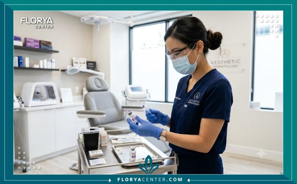 طبيب تجميل متخصص يجهز حقنة البوتوكس داخل عيادة طبية حديثة ومعقمة لعملية تجميل الابتسامة اللثوية.